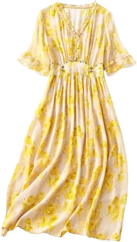 Mulberry Silk V-Neck Long Summer Dress for Women