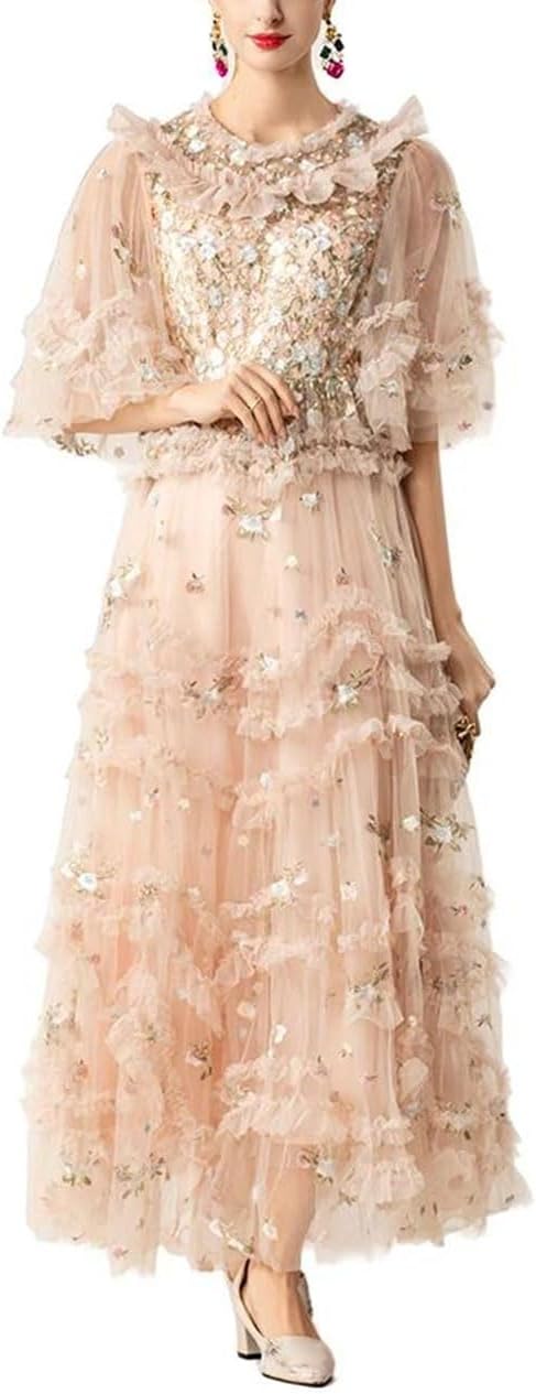 O-Neck Flare Sleeve Embroidery Mesh Maxi Dress for Women