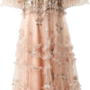O-Neck Flare Sleeve Embroidery Mesh Maxi Dress for Women