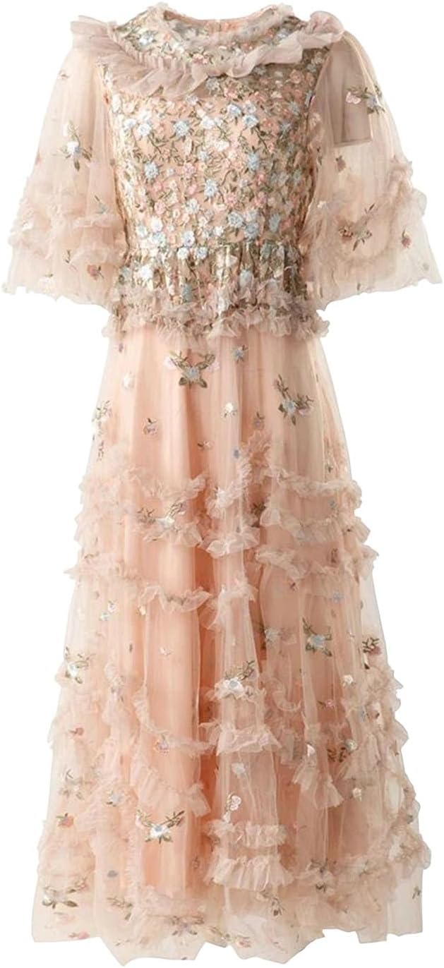 O-Neck Flare Sleeve Embroidery Mesh Maxi Dress for Women