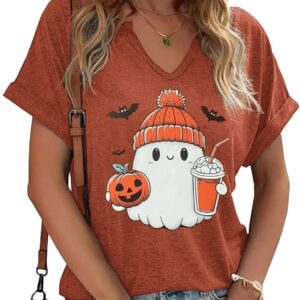 Halloween Pumpkin Graphic V-Neck T-Shirt for Women