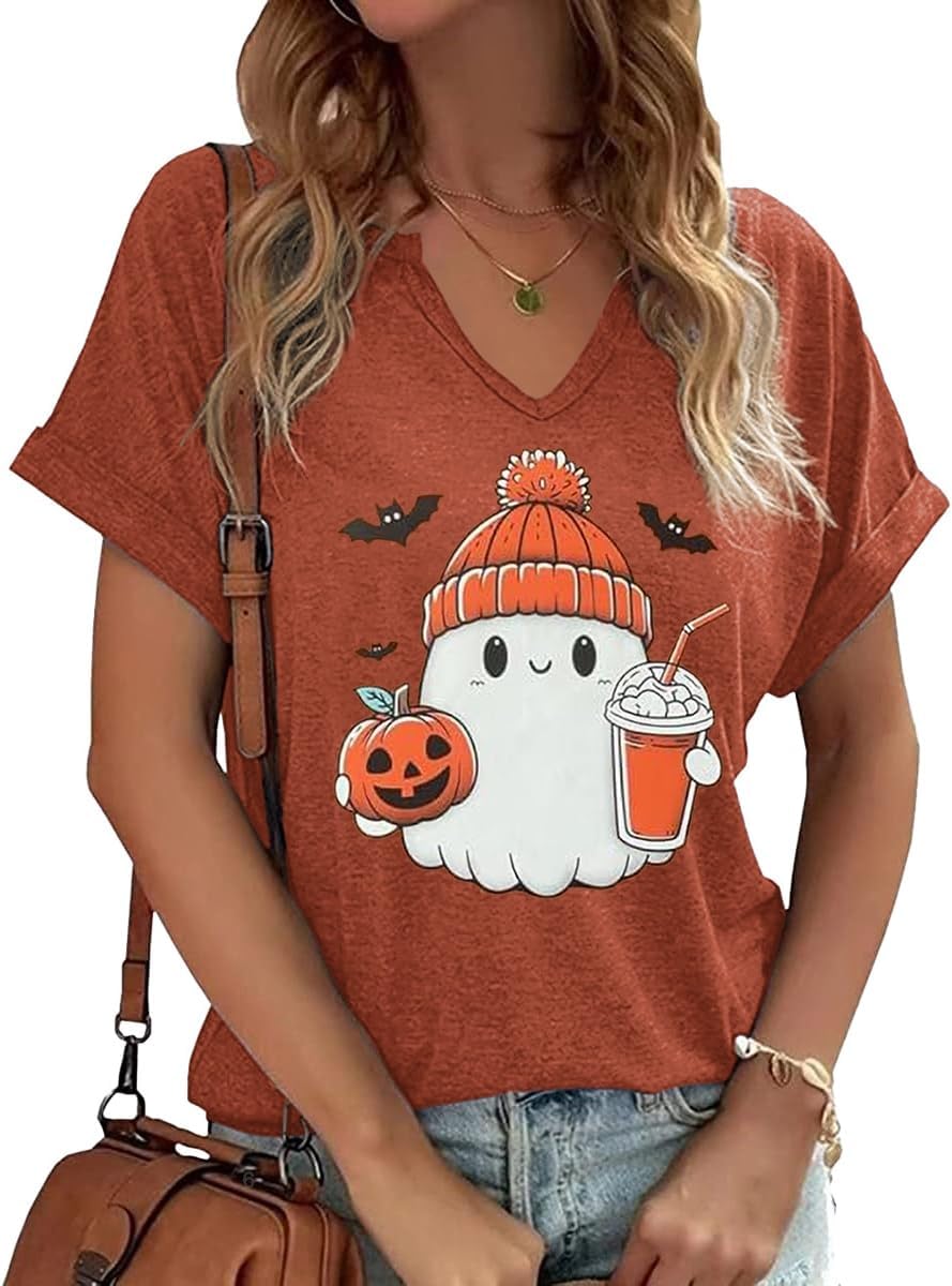 Halloween Pumpkin Graphic V-Neck T-Shirt for Women