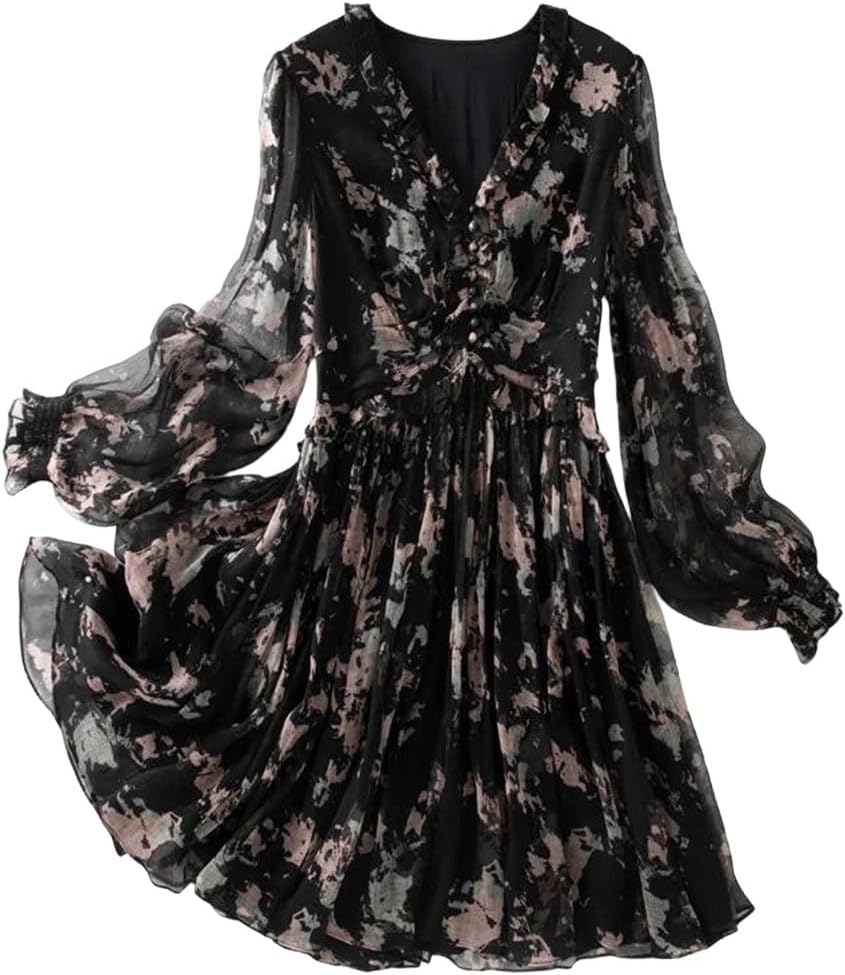 Mulberry Silk V-Neck Long Sleeve Party Dress for Women