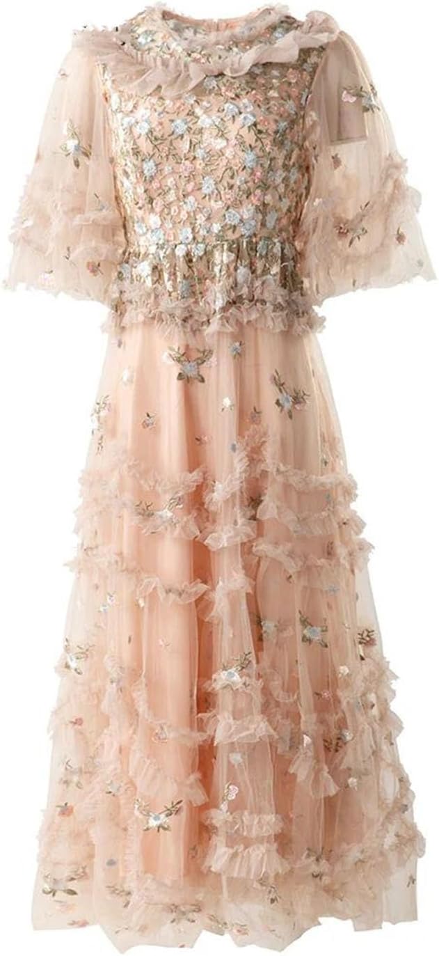O-Neck Flare Sleeve Embroidery Mesh Maxi Dress for Women - Image 3