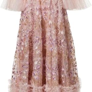 Floral Embroidery Mesh Ruffle Maxi Dress for Women