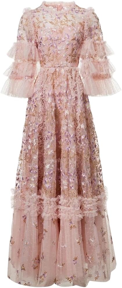 Floral Embroidery Mesh Ruffle Maxi Dress for Women