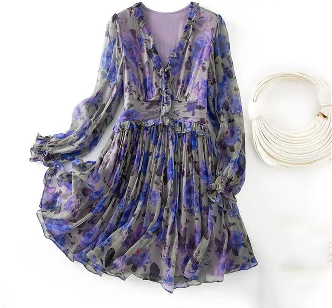 Mulberry Silk V-Neck Long Sleeve Party Dress for Women