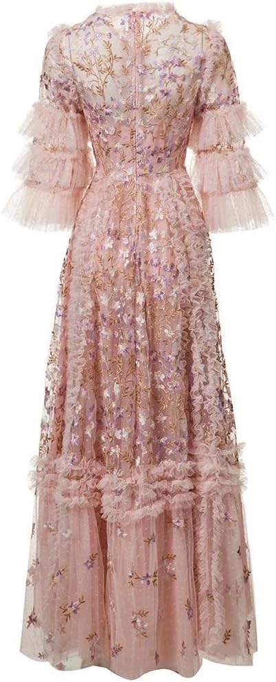 Floral Embroidery Mesh Ruffle Maxi Dress for Women