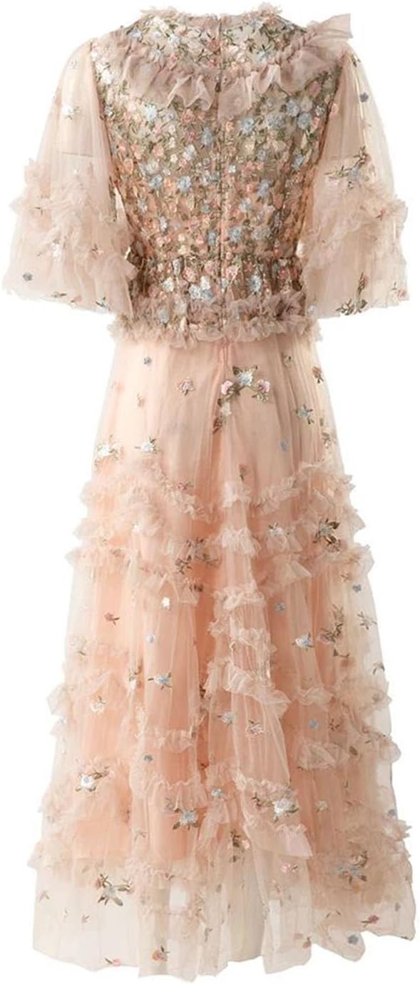 O-Neck Flare Sleeve Embroidery Mesh Maxi Dress for Women - Image 4