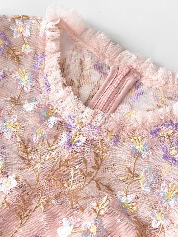 Floral Embroidery Mesh Ruffle Maxi Dress for Women - Image 3