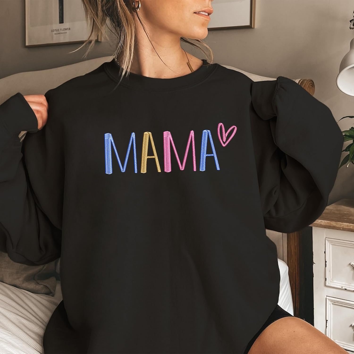 Embroidered Mama Crewneck Sweatshirt for Women
