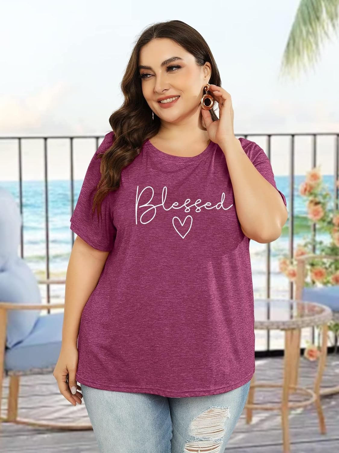 Plus Size Flower Print Crew Neck T-Shirt for Women